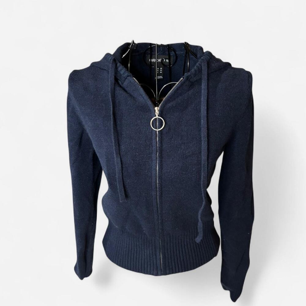 Arden B Navy Blue Knit Zip Up Hoodie Sweater Medium Ring Pull
